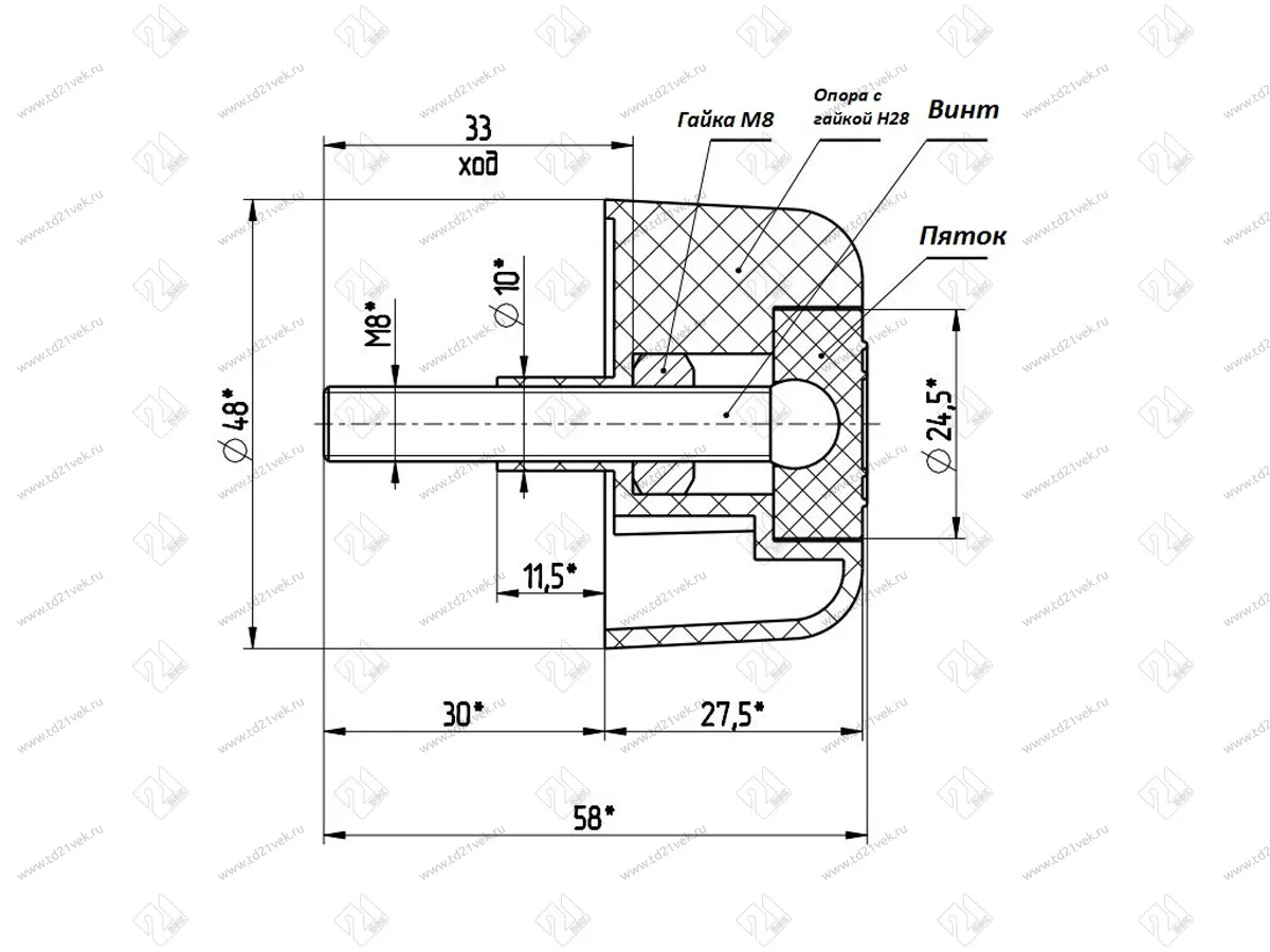 Опора регулируемая 50х28 ОШ (американка) черная<100> 2