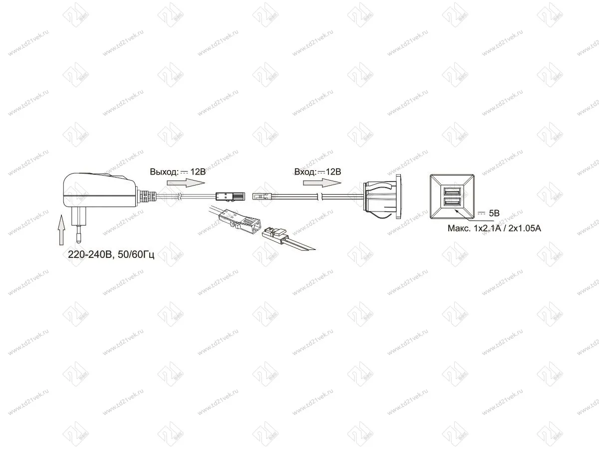 06.800.01.326 USB-розетка, врезная, квадратная, 2хUSB CHARGE-K, max. 3,4A, провод 2м c LED кон., 37х37х31.3мм, серебристый 5