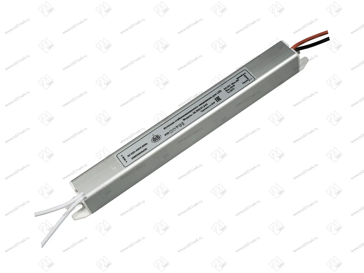 06.800.01.340 Блок питания стаб. напр. для LED, 12В, (max 60Вт), IP20, вх.180-260В, с защ. от КЗ, алюм. корп 312х18х18мм, провод 25см 1