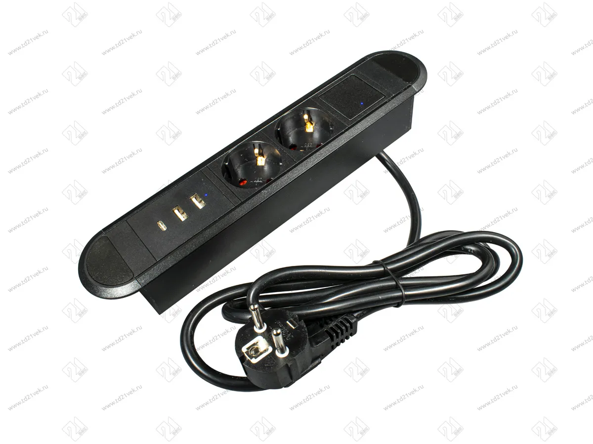 11.800.02.032 Встраиваемый блок розеток OPTIMA со скругленной рамкой, черный, 2хEU, 250В 10А, 2хUSB A+USB C 5В, 3А, с нажимным выключателем, 272х54х45мм, кабель 1,8м с вилкой EU 1