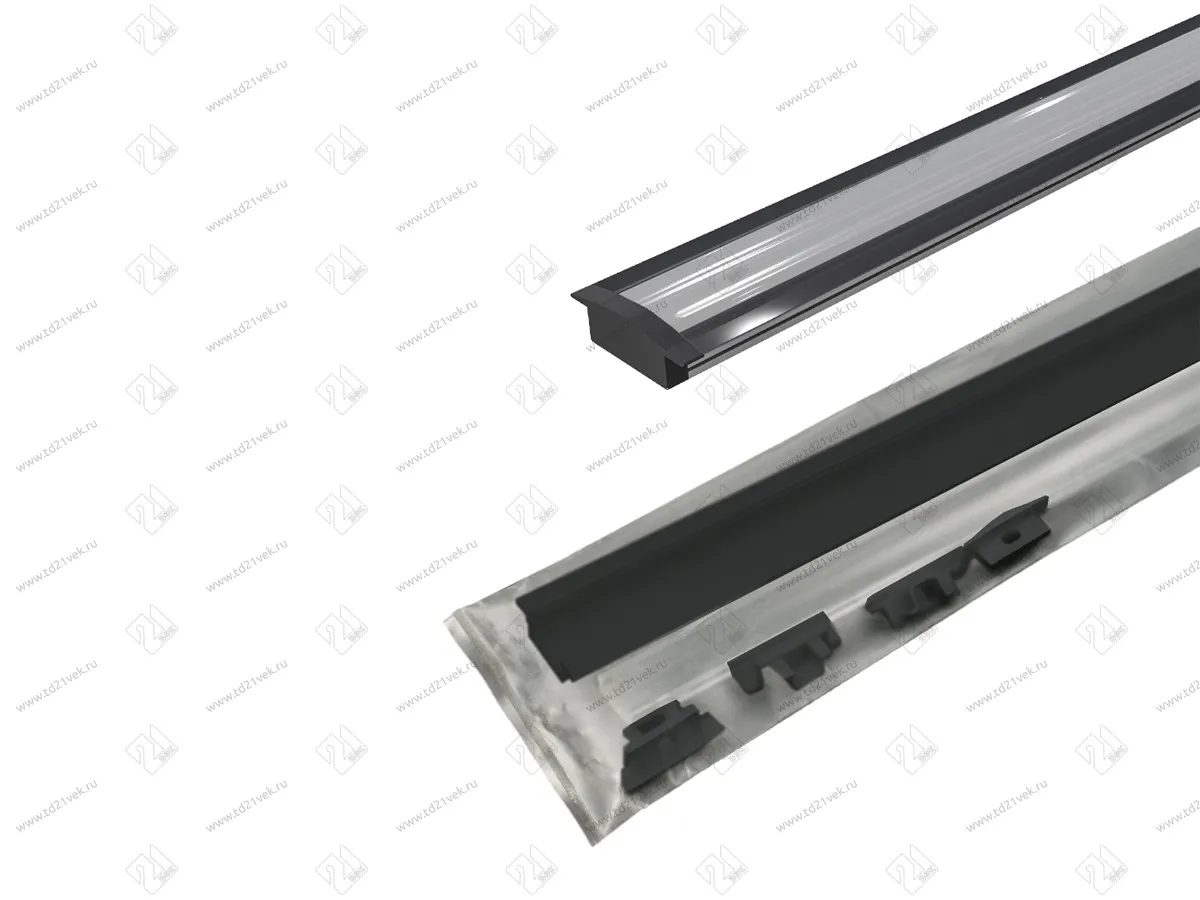 17.800.00.445 / 19.143.37.877 / 19.143.39.766 Профиль алюминиевый КСС 2507Е(W) ЧЕРНЫЙ врезной 2м, диффузор плоский  полуматовый, 4 заглушки чёрные. 2
