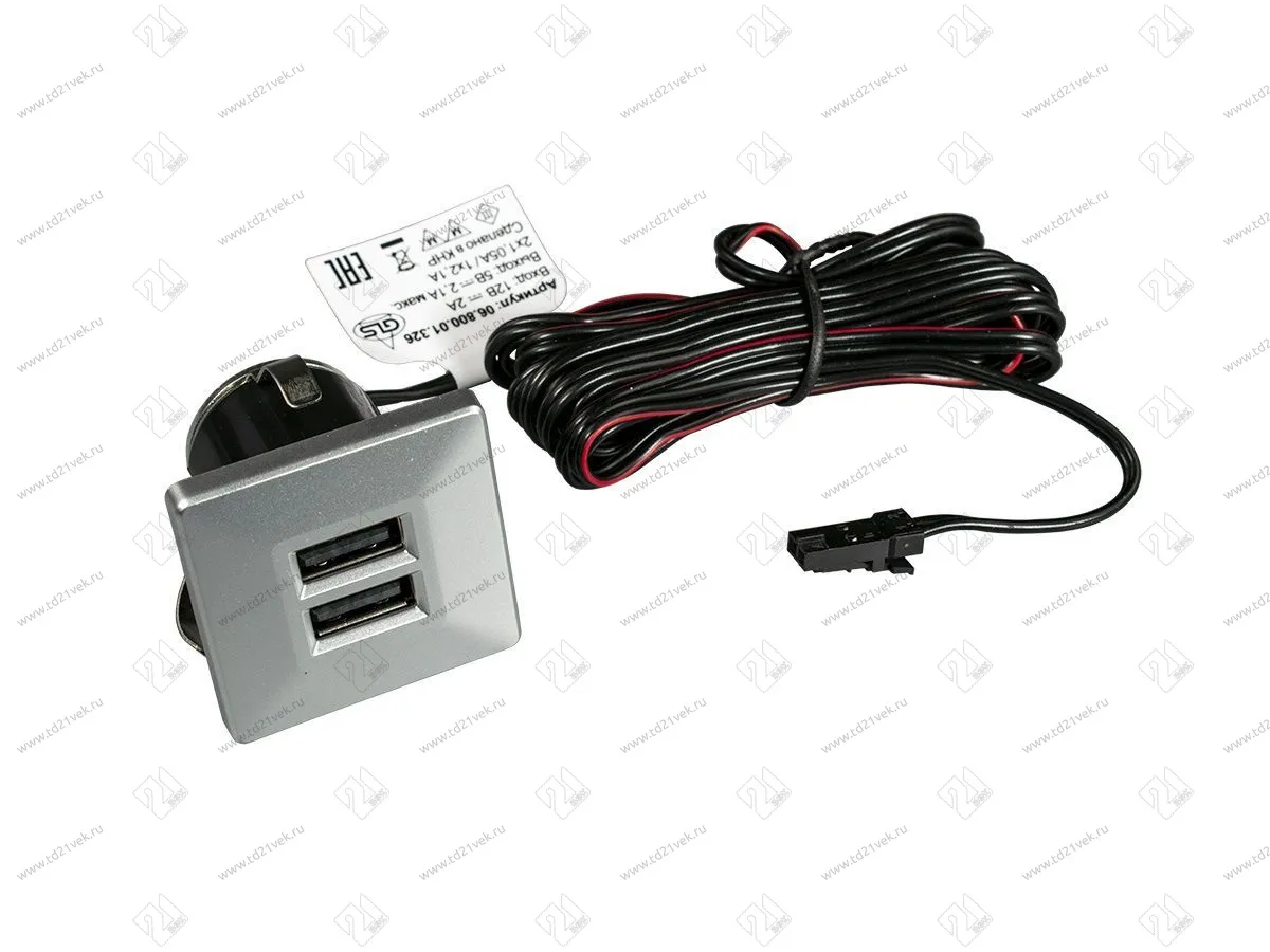06.800.01.326 USB-розетка, врезная, квадратная, 2хUSB CHARGE-K, max. 3,4A, провод 2м c LED кон., 37х37х31.3мм, серебристый 1