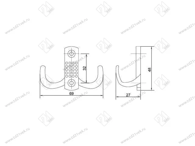 Крючок с перфорацией 2-хрожковый малый, (мат.хром) <60/600> 2