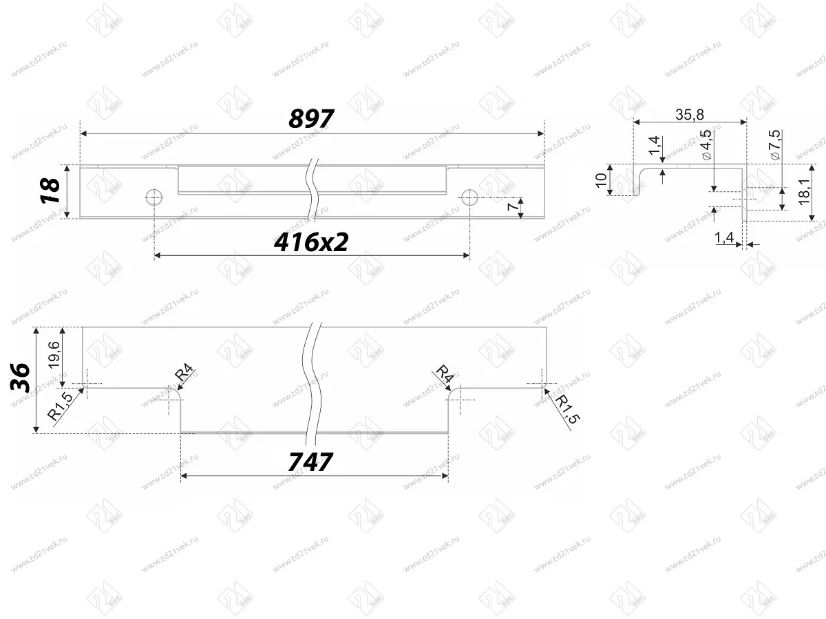 RT109SC.1/000/900 Ручка торцевая 832 мм матовый хром <20/30> 3