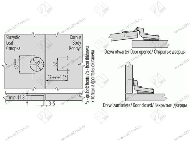 ZP-BICN070BE Петля внутренняя GTV без евро, с отв. пл., 45/35мм, Н0 сталь, <250> 2