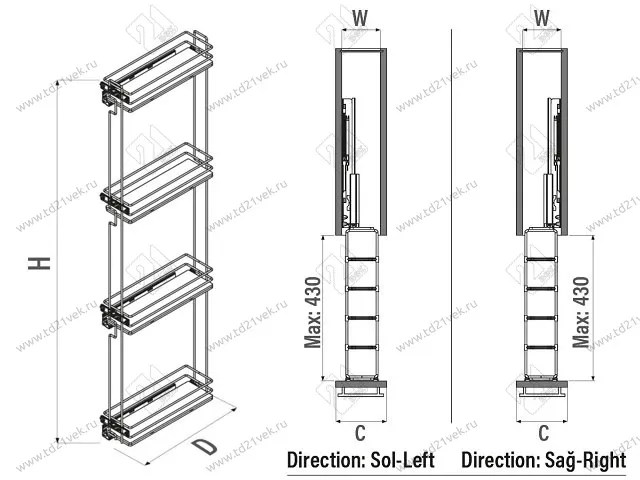 S-2929-C Выдвижная колонна в базу 200 мм, Starax, 4-х ярусная, (155х450х1650 мм), левая 3