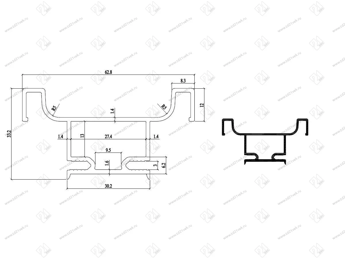 Н-образный профиль (вертикальная ручка) L=4500 Алюминий  <10> 2