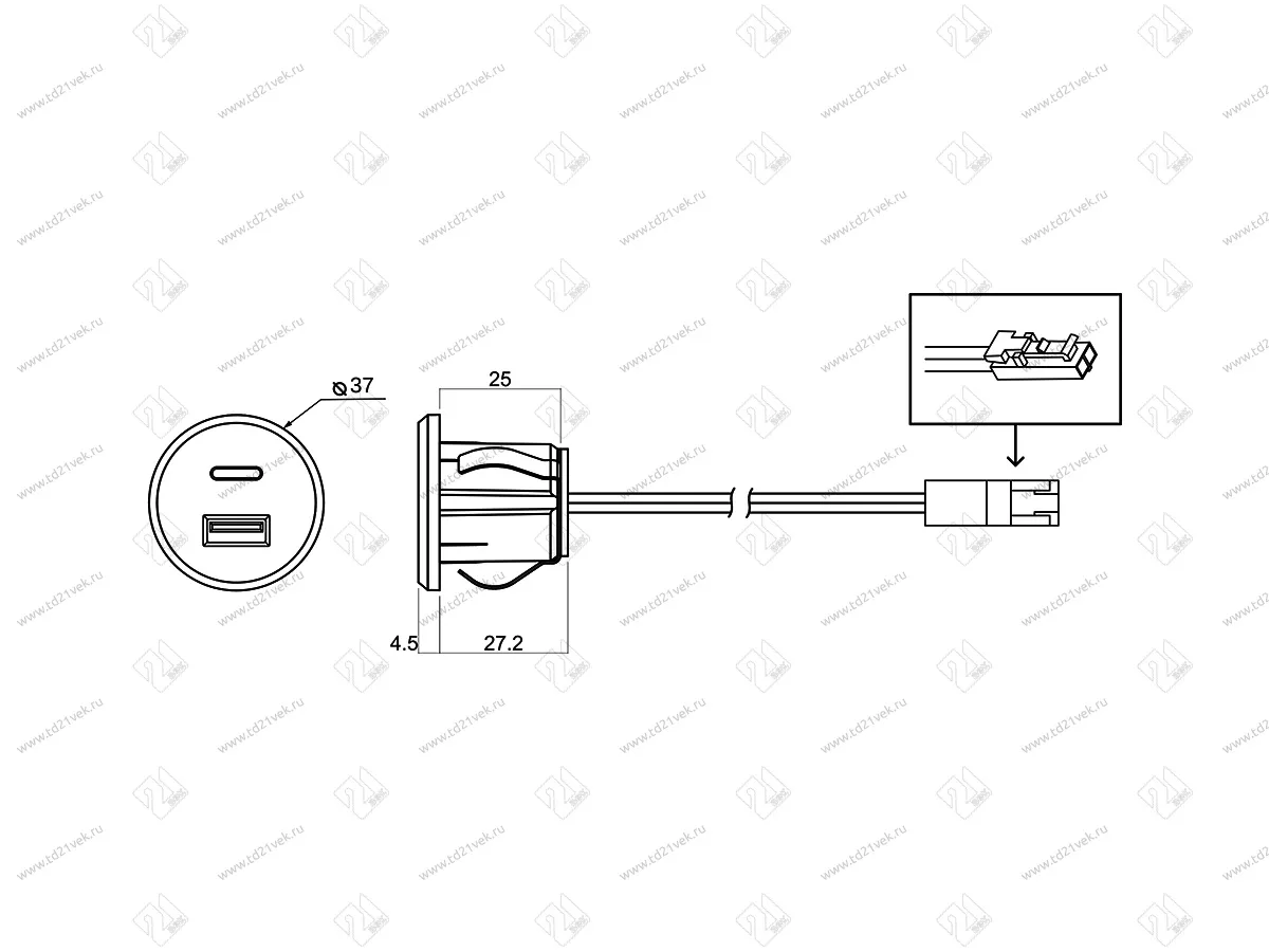 06.800.01.350 USB-розетка, врезная, 1USB-A:+1Type-C 5V/3А, встраиваемая, входное напряжение 12В, серебристый, 37х27.5мм 2