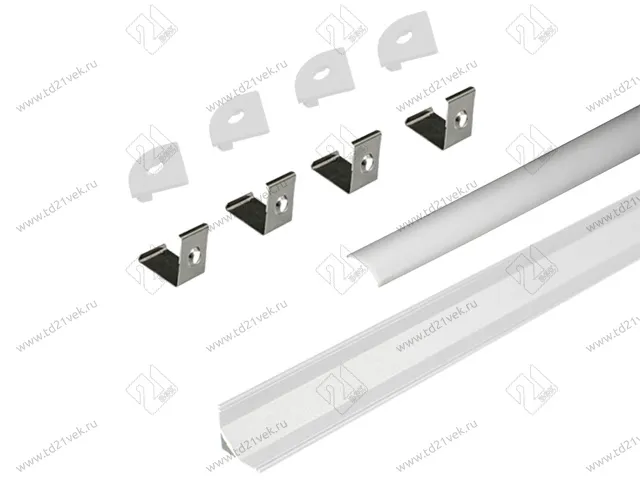 17.800.00.395 / 19.143.39.325 Профиль алюминиевый КСС 1616W, диффузор молочный белый, накладной, L=2м, 4 клипсы, 4 загл. с отверст, серебро 1