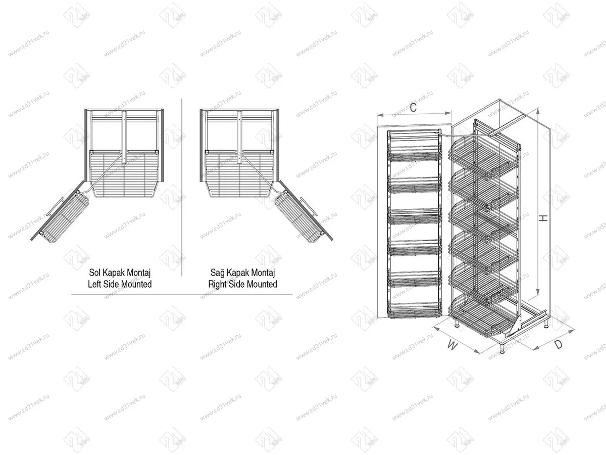 S-1248-C Выдвижная колонна для кухни в базу 600 мм, Starax, 6-ти ярусная, (530х510х1700-1850 мм) 3