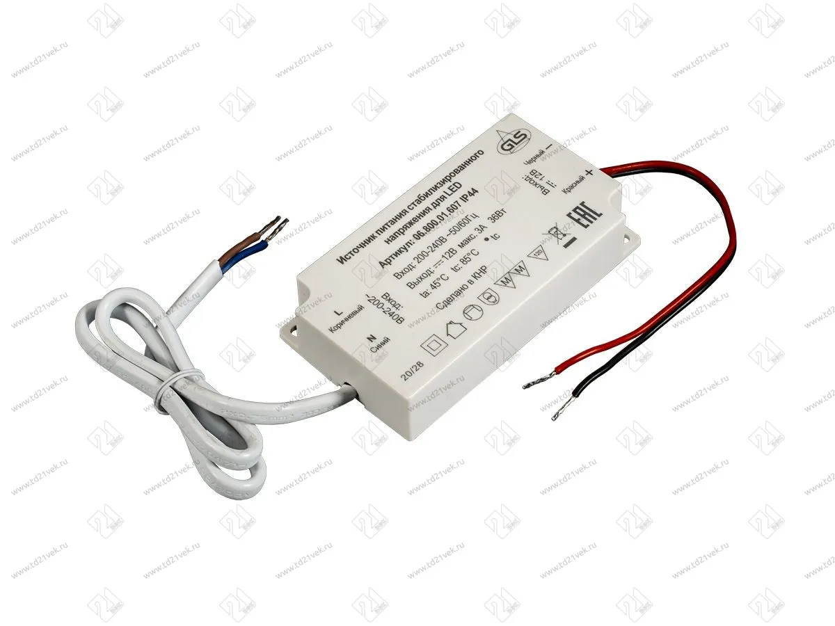 06.800.01.607 IP44 Блок питания стаб. напр. для LED, 12В, max 36Вт, IP44, вх. 220В, пластиковый корпус, 3M двойной скотч, вх. провод 2х0,75мм2, 400мм,  вых. провод 2х0,5мм2, 160мм, 92х50х18мм 1