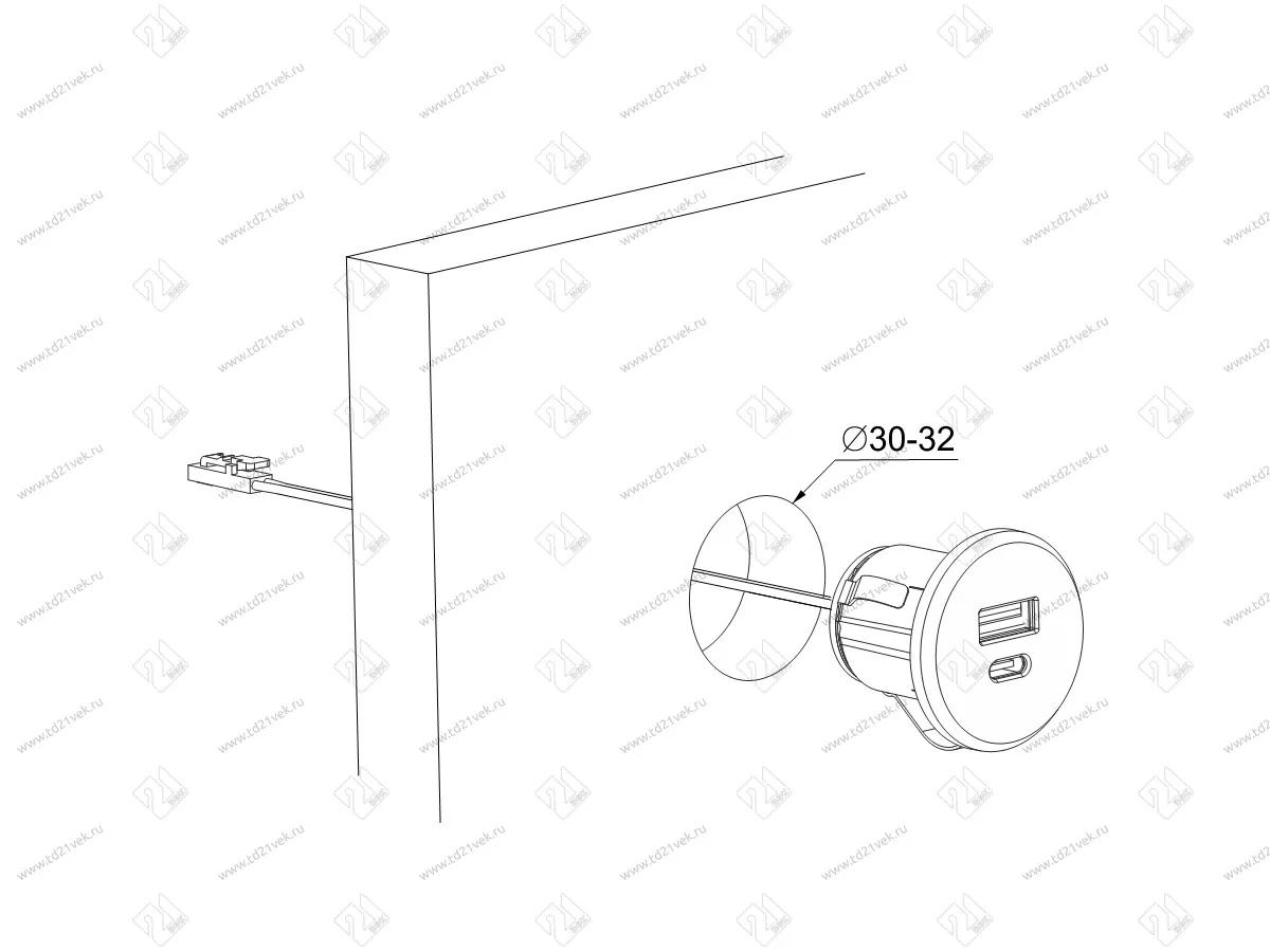 06.800.01.350 USB-розетка, врезная, 1USB-A:+1Type-C 5V/3А, встраиваемая, входное напряжение 12В, серебристый, 37х27.5мм 3