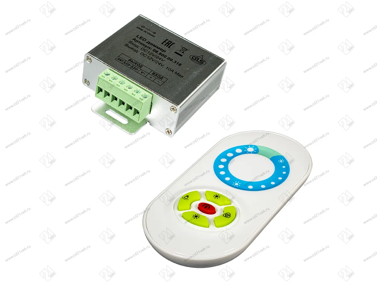 08.800.00.318 Диммер 12-24В, 10А, c ПУ (без батареек), алюминиевый корпус 85x65x24мм, белый 1