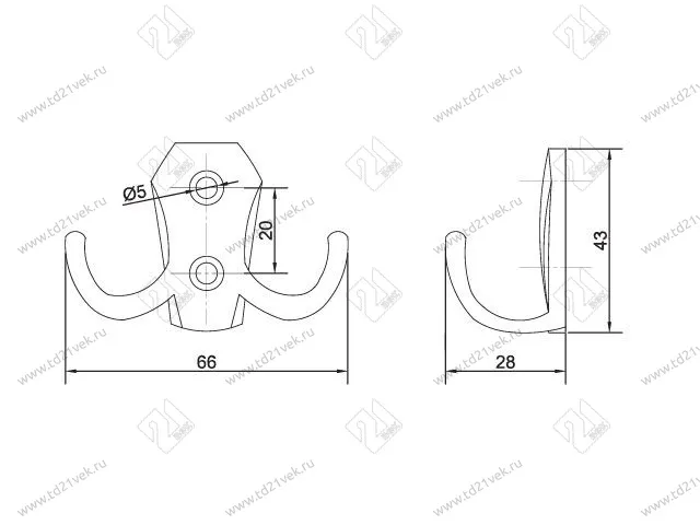 Крючок гладкий 2-хрожковый малый, (хром) <100/1000> 2