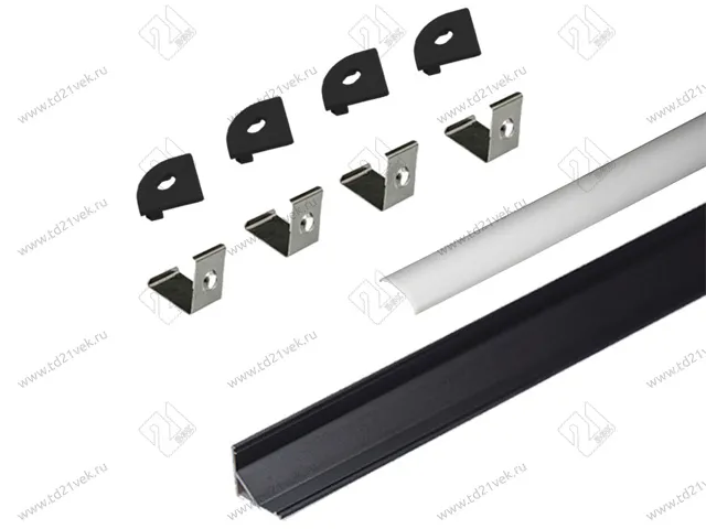 17.800.00.439 / 19.143.39.327 Профиль алюминиевый КСС 1616W ЧЕРНЫЙ, диффузор молочный белый, 4 клипсы, 4 заглушки с отверстием чёрные. 1