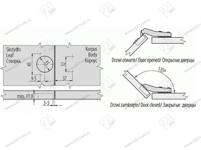 ZP-KT45H2-BE Петля угловая 45 накладная GTV без евро, с отв. пл., 45/35 мм, Н2 никель (сталь), <200> 2
