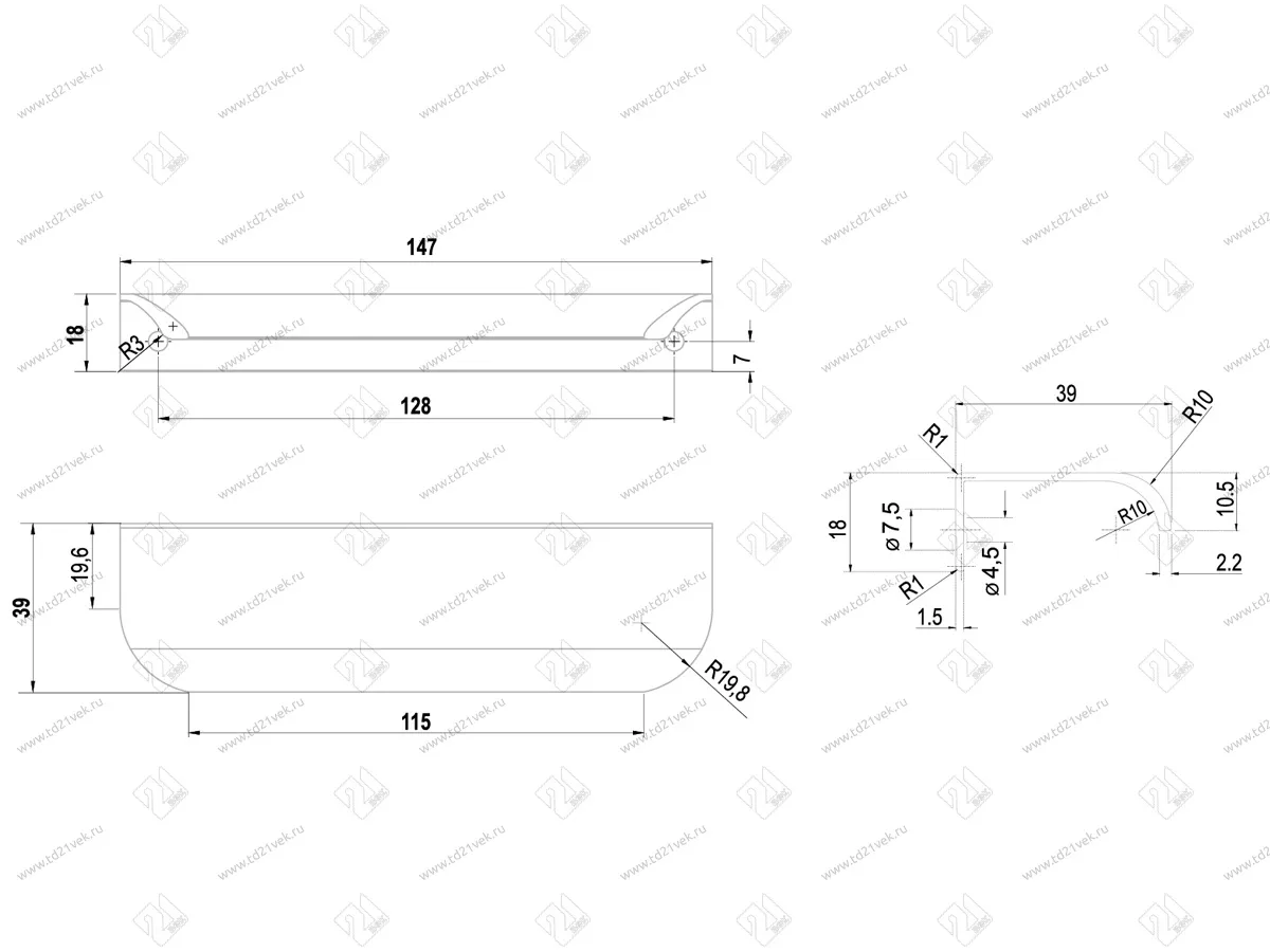 RT110GR.1/128/150 Ручка торцевая 147мм серый <50> 2