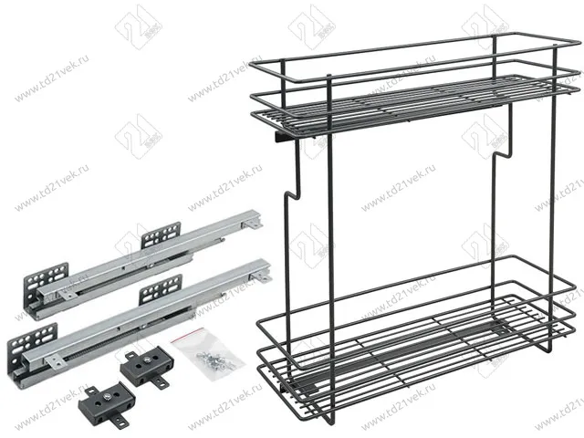 Бутылочница 200 левая (448х154х535мм) на скрытых направляющих с доводчиком, антрацит/ двухуровневая корзина 1