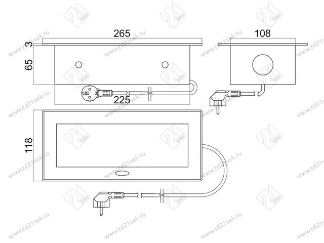 11.800.02.046 Блок розеток выдвижной POP UP (горизонтальный), корпус черный, 2 розетки EURO черные, USB A + USB C, с быстрой зарядкой QC, 250В, max 2700Вт, кабель 2м с вилкой 4