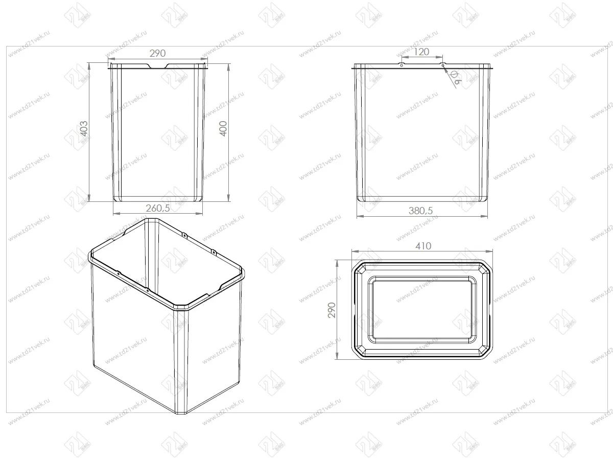 S-2300-A Мусорное ведро в базу 400 мм, Starax, 35 л, (364x470x435 мм), фасадное крепление 7