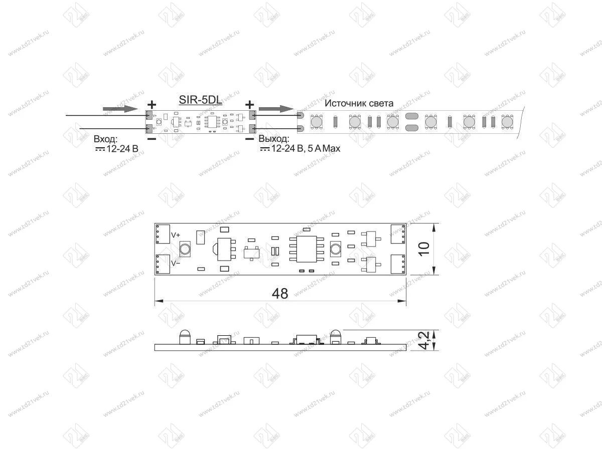 08.800.00.327 Сенсорный выключатель SIR-5DL дистанционный, встраиваемый, от движения руки, диммируемый, с памятью, с плавным вкл., 12В/24В, max 5А, 48х10мм 2