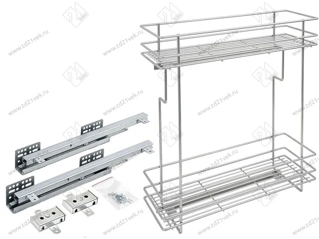 Бутылочница 200 левая (448х154х535мм) на скрытых направляющих с доводчиком, хром крашенный / двухуровневая корзина 1
