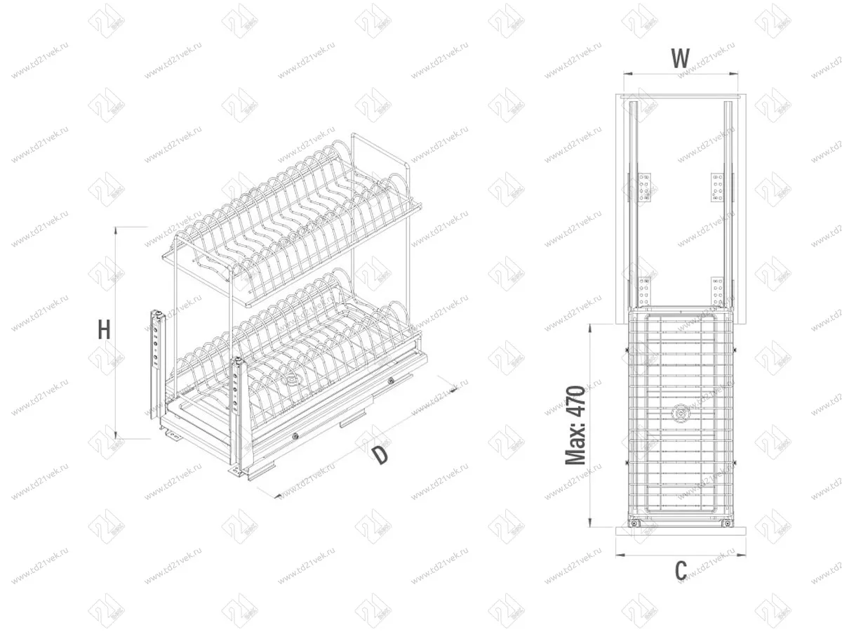 S-2112-А Сушка для посуды выдвижная в нижнюю базу 400 мм, Starax, 2-хуровневая, направляющие шариковые, с доводчиком, (358х520х490 мм), антрацит 3