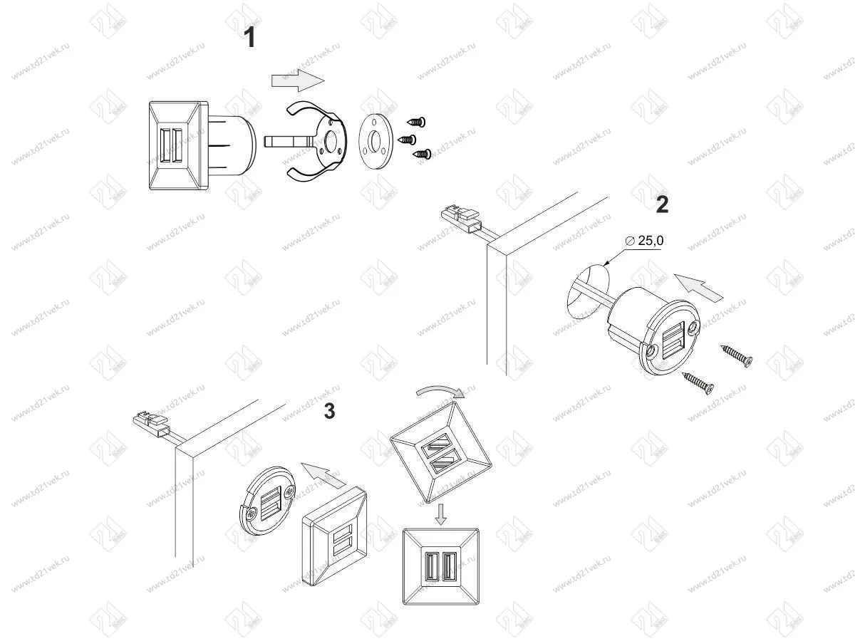 06.800.01.326 USB-розетка, врезная, квадратная, 2хUSB CHARGE-K, max. 3,4A, провод 2м c LED кон., 37х37х31.3мм, серебристый 4