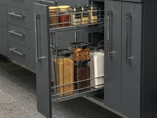 Бутылочница 150 левая (448х108х535мм) на скрытых направляющих с доводчиком, хром крашенный / двухуровневая корзина 5