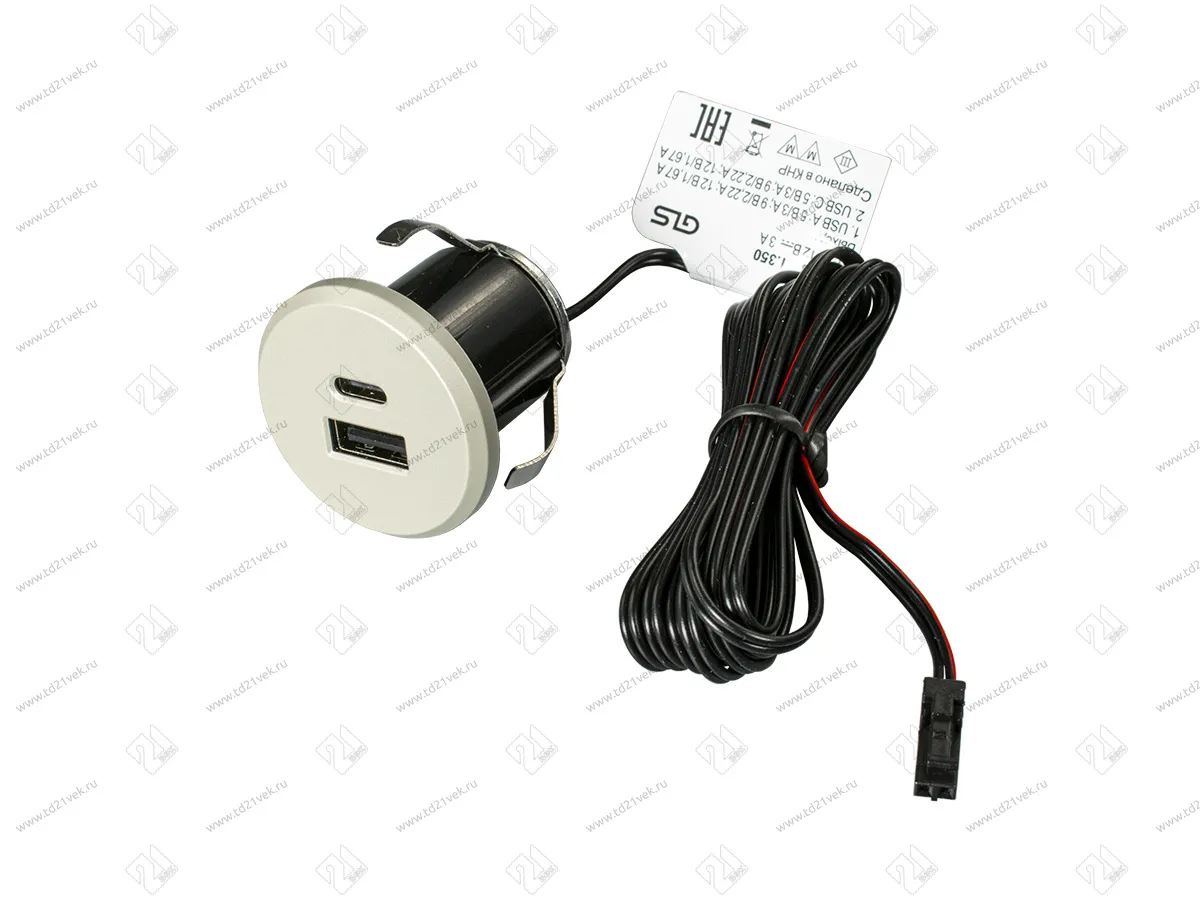 06.800.01.350 USB-розетка, врезная, 1USB-A:+1Type-C 5V/3А, встраиваемая, входное напряжение 12В, серебристый, 37х27.5мм 1