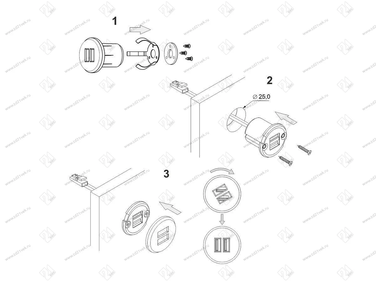 06.800.01.320 USB-розетка, врезная, круглая, USB CHARGE-S, 2xUSB, max.3,4A, провод 2м c LED кон., серебристый, 37х31.3мм 4