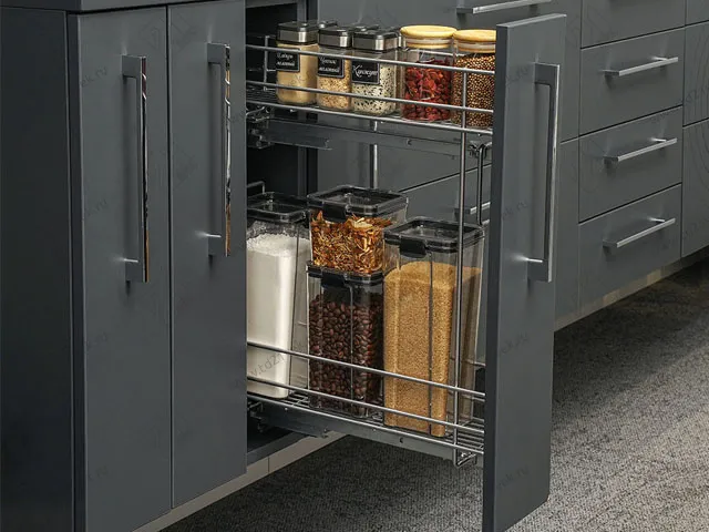 Бутылочница 150 правая (448х108х535мм) на скрытых направляющих с доводчиком, хром крашенный / двухуровневая корзина 5