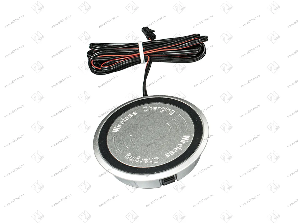 06.800.01.609 IP44 Источник питанния - беспроводная зарядка встраиваемая, D=70х16мм, IP44, серебристая, вход 12В, 2А, WPC стандарт V 1.2.4,  провод 2x0.34мм2, 2м с конн. L813, диаметр отверстия 60мм 1