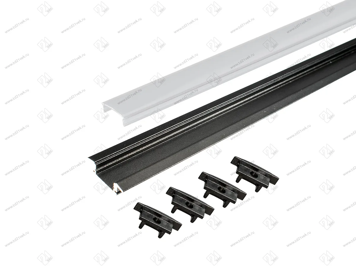17.800.00.445 Профиль алюминиевый КСС 2507Е(W) ЧЕРНЫЙ врезной 2м, диффузор плоский  полуматовый, 4 заглушки чёрные. 1