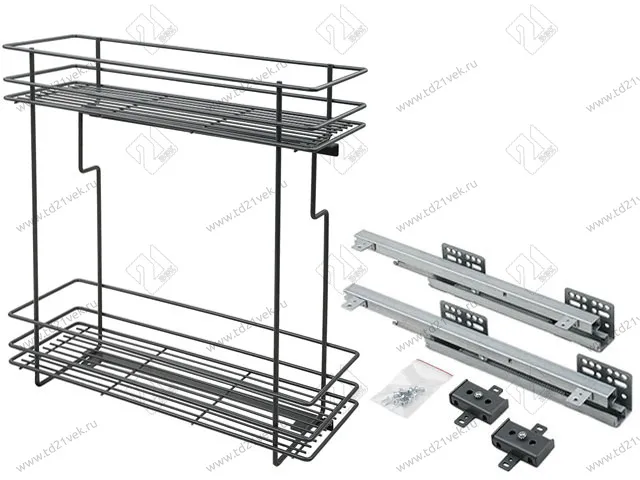 Бутылочница 200 правая (448х154х535мм) на скрытых направляющих с доводчиком, антрацит/ двухуровневая корзина 1