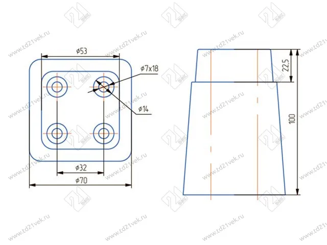 Опора декоративная трапециевидная H100 мм, 70х70 мм, диаметр отверстий 7 мм, венге 3
