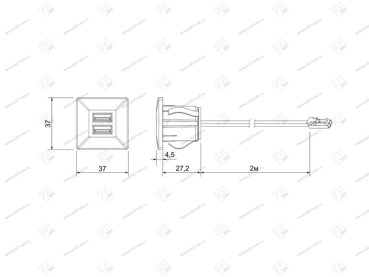 06.800.01.326 USB-розетка, врезная, квадратная, 2хUSB CHARGE-K, max. 3,4A, провод 2м c LED кон., 37х37х31.3мм, серебристый 2