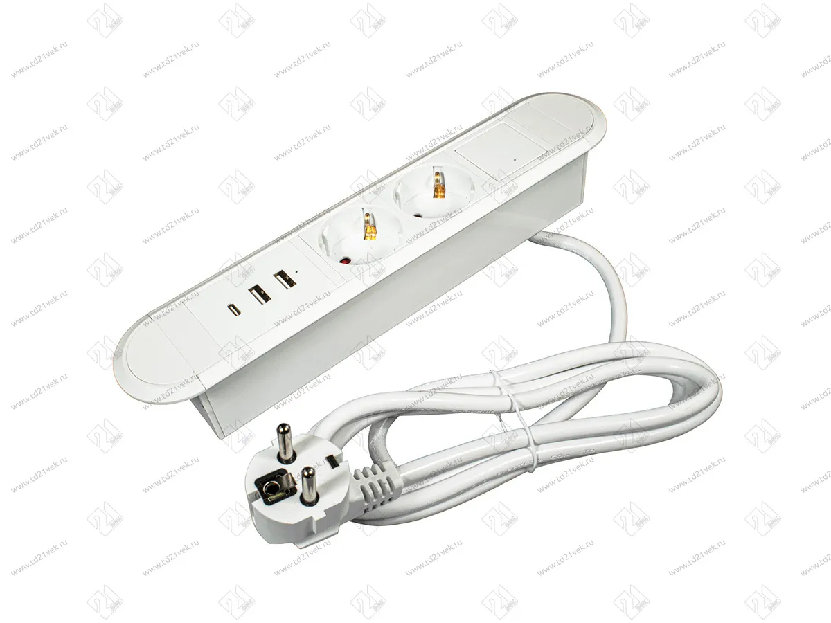 11.800.02.039 Встраиваемый блок розеток OPTIMA скругл. рамка, белый, 2хEU, 250В 10А, 2хUSB A+USB C 5В, 3А, с нажимным выключателем, 272х54х45мм, кабель 1,8м с вилкой EU 1