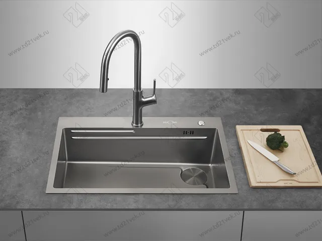 Мойка с защитным нанопокрытием, 720х475х220 мм, с разделочной доской и металлической корзиной для мойки овощей, сталь, серый 1