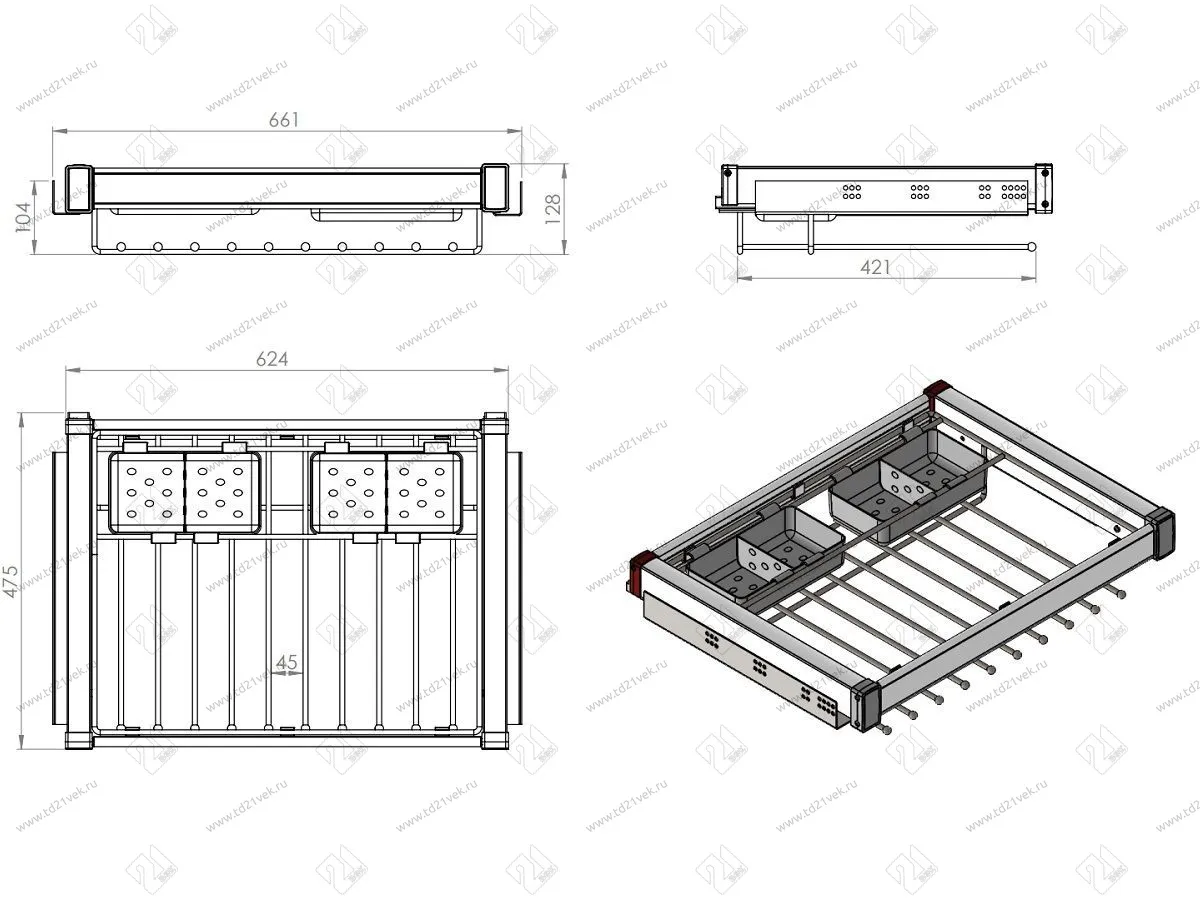 S-6712-A Брючница с органайзером для аксессуаров в базу 700 мм, Starax, (660-690х475х125 мм), направляющие Blum Tandem, антрацит 3