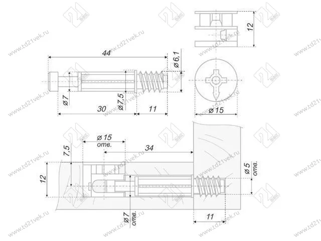 Эксцентрик d15мм, центр захвата-9мм, Н сверл/-12мм  ST01/51/6/RdZn/01 + соединит/ болт L=44мм с пласт. втулкой и шурупной резьбой M6, Lрез.=11м. (100/500) <2000> 2