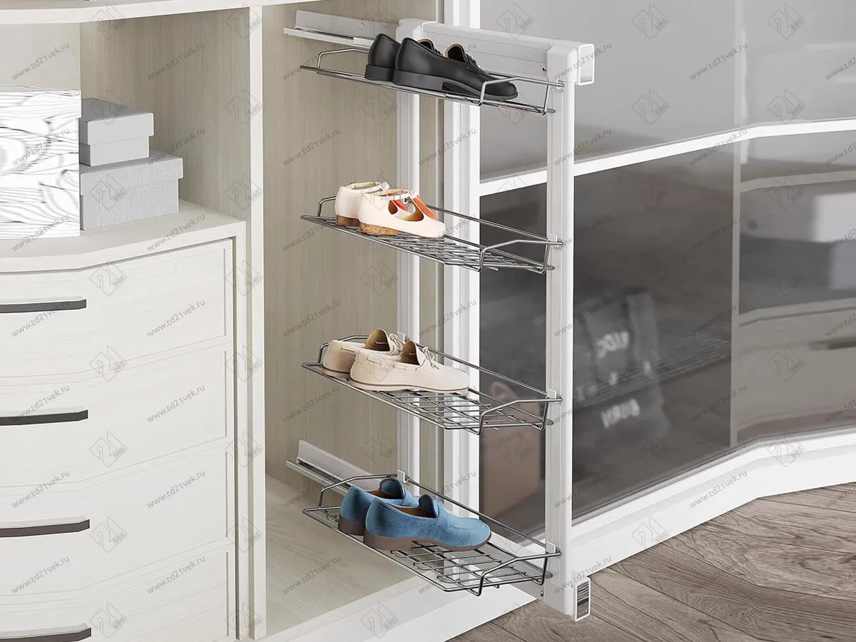 S-6742-W Выдвижная обувница, Starax, 4-х ярусная, (325х475х1000 мм), выдвижение правое, белая 1