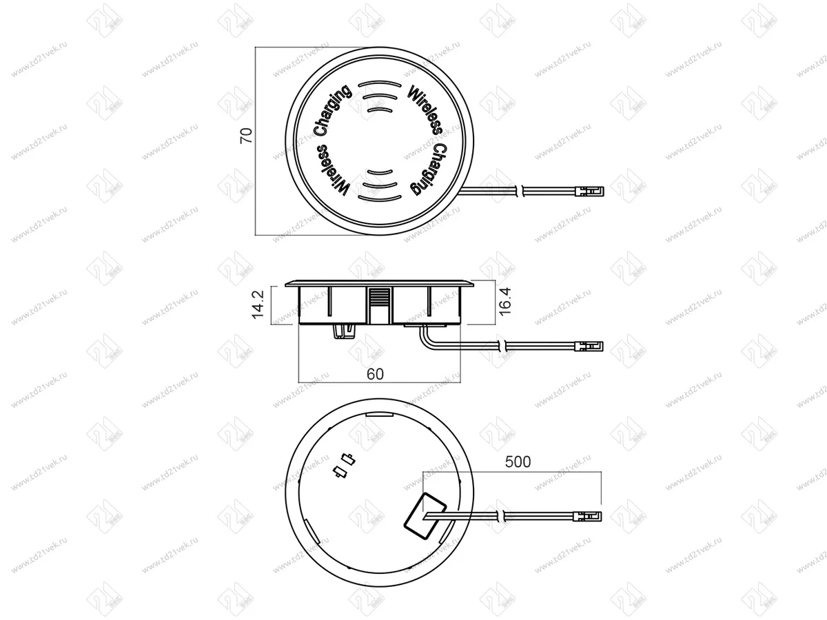 06.800.01.609 IP44 Источник питанния - беспроводная зарядка встраиваемая, D=70х16мм, IP44, серебристая, вход 12В, 2А, WPC стандарт V 1.2.4,  провод 2x0.34мм2, 2м с конн. L813, диаметр отверстия 60мм 6