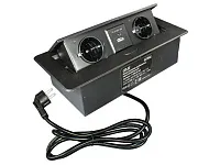 11.800.02.046 Блок розеток выдвижной POP UP (горизонтальный), корпус черный, 2 розетки EURO черные, USB A + USB C, с быстрой зарядкой QC, 250В, max 2700Вт, кабель 2м с вилкой