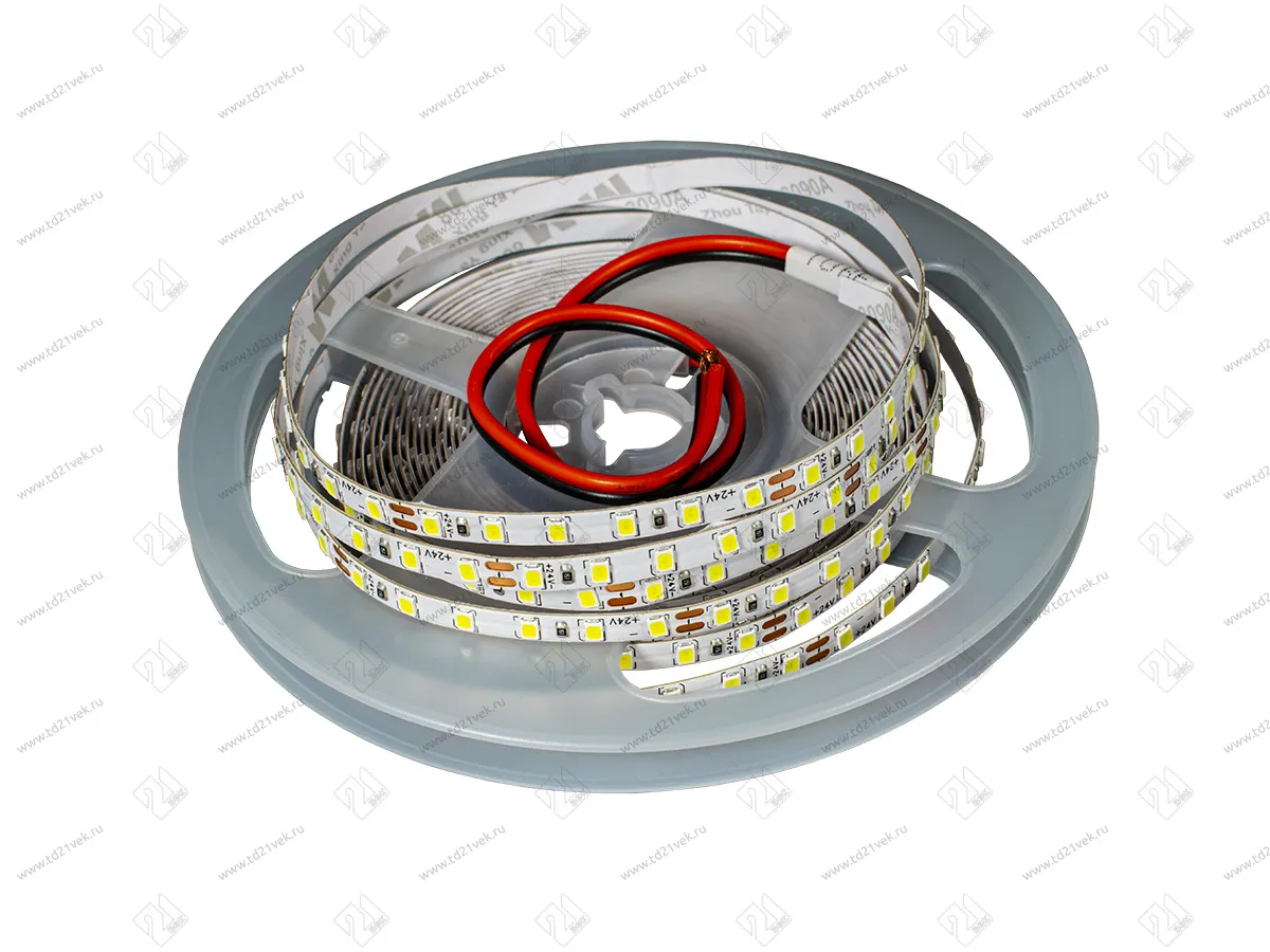 04.800.00.107 Лента G2, 2835 IP20, 120LED/м, 6000K, 24В, 10Вт/м, 1100Лм/м, CRI>80, 5мм*5м, провод 2*0,35мм2 L= 25см с двух сторон 1