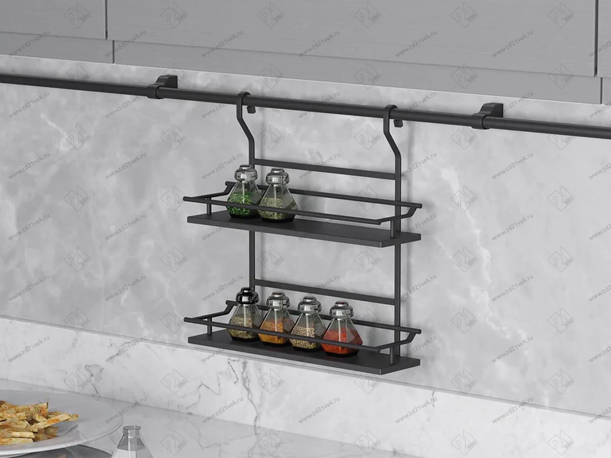 S-4125-A Полка для специй, Starax, деревянное дно, 2-х уровневая, узкая, (350х130х360 мм), антрацит 1