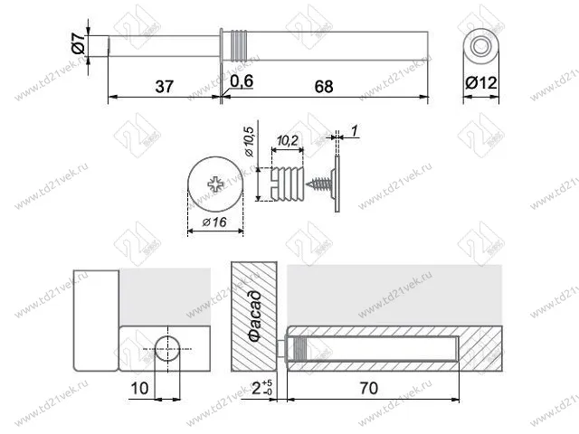 AMF15/GR Упор-защелка фасада c толкателем и магнитным наконечником push-to-open,скр крепл. серый <100> 2