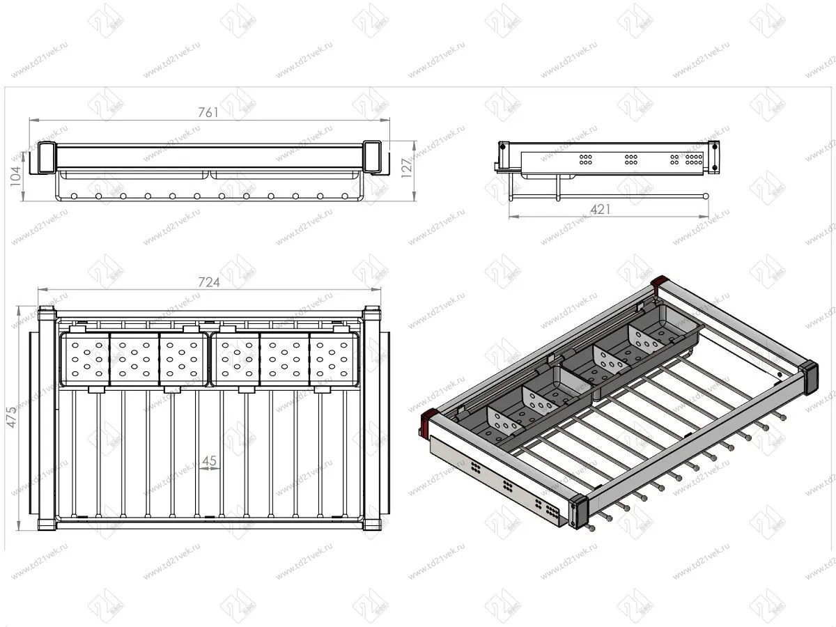 S-6713-W Брючница с органайзером для аксессуаров в базу 800 мм, Starax, (760-790х475х125 мм), направляющие Blum Tandem, белая 3