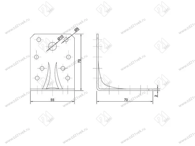 Уголок крепёжный 70*70*55*2.0, усил.цинк <40> 2