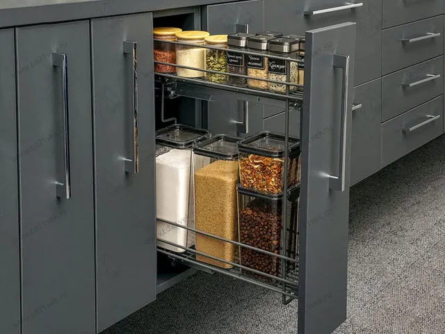 Бутылочница 150 левая (448х108х535мм) на скрытых направляющих с доводчиком, антрацит/ двухуровневая корзина 6